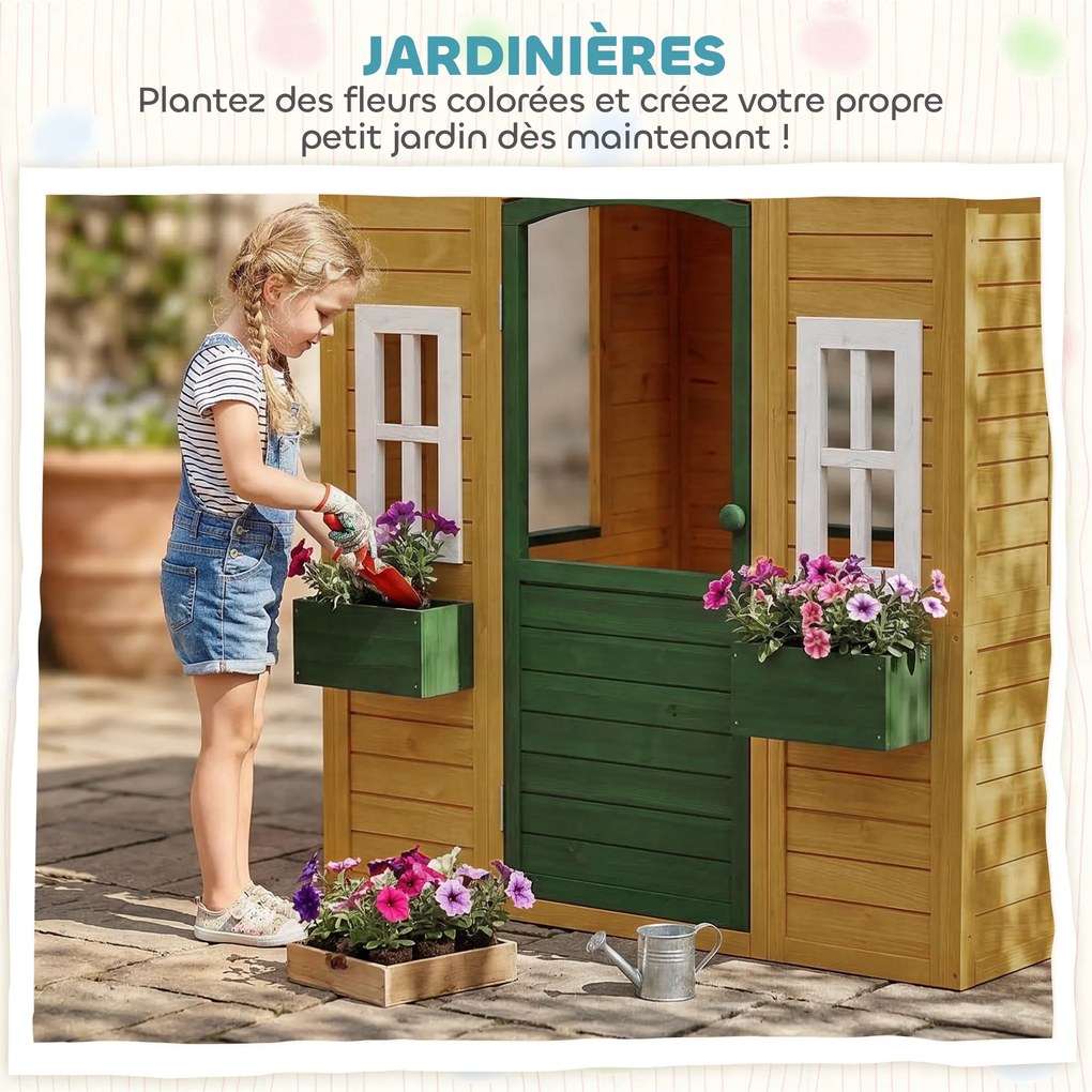 Casa de brincar infantil de exterior em madeira 134,5 x 97 x 150 cm, casinha infantil de exterior com porta, janelas, 2 floreiras, castanha