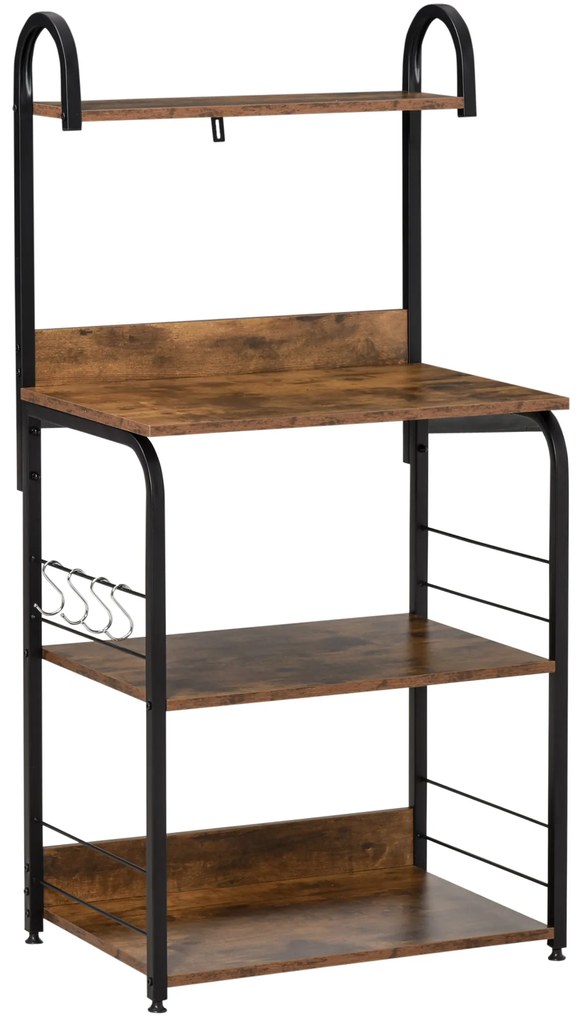 HOMCOM Estante de Cozinha Estante para Microondas com 4 Níveis Ganchos e Pés Ajustáveis Estante de Armazenamento 60x40x125 cm Marrom Rústico