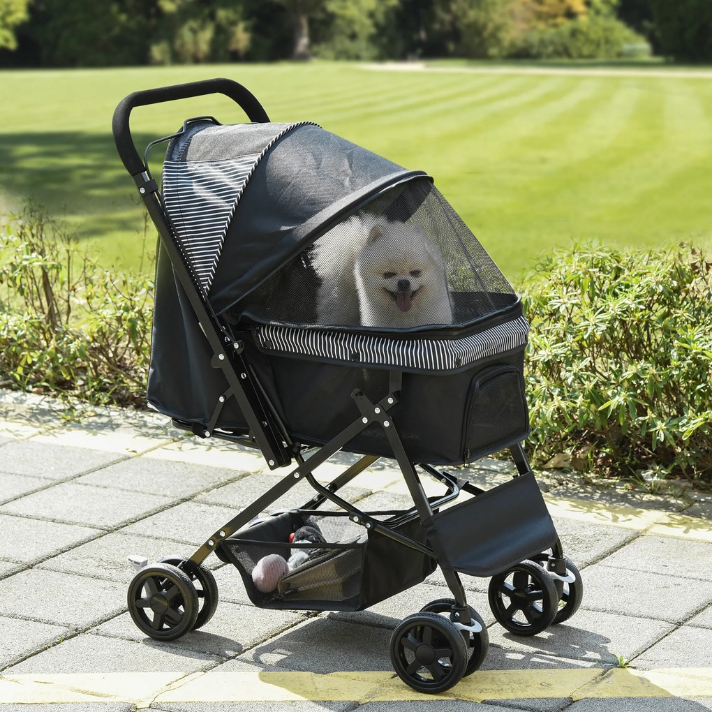 Carrinho dobrável para cães e animais de estimação, com 4 rodas em EVA, guiador ajustável e cesto, 76,5 x 52 x 95 cm preto