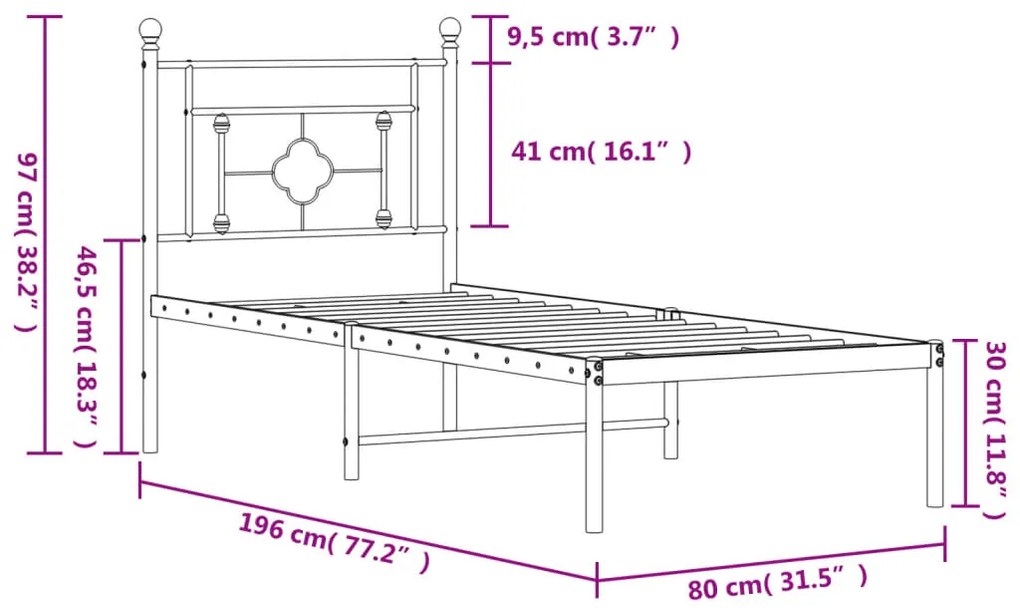 Estrutura de cama com cabeceira 75x190 cm metal branco