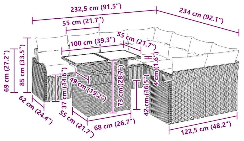 Conjunto de sofá de jardim com 9 peças e almofadas bege em rattan