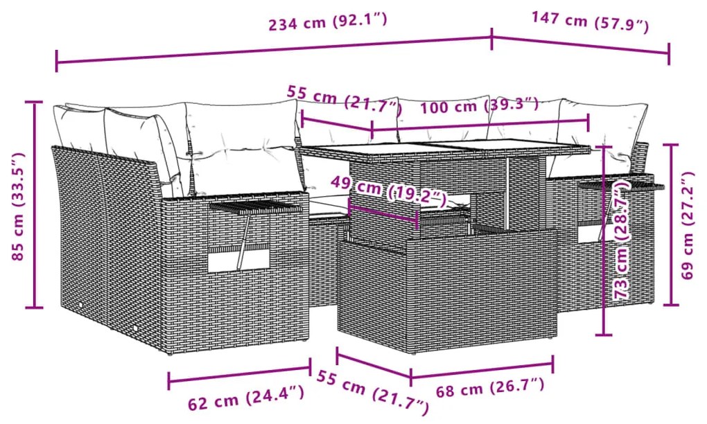 7 pcs conjunto de sofás p/ jardim com almofadões vime PE bege