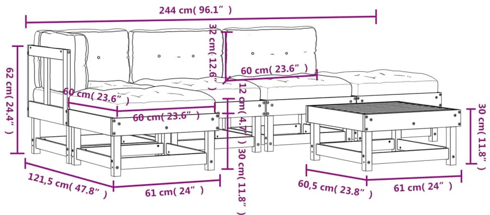 6 pcs conjunto lounge jardim c/ almofadões madeira maciça