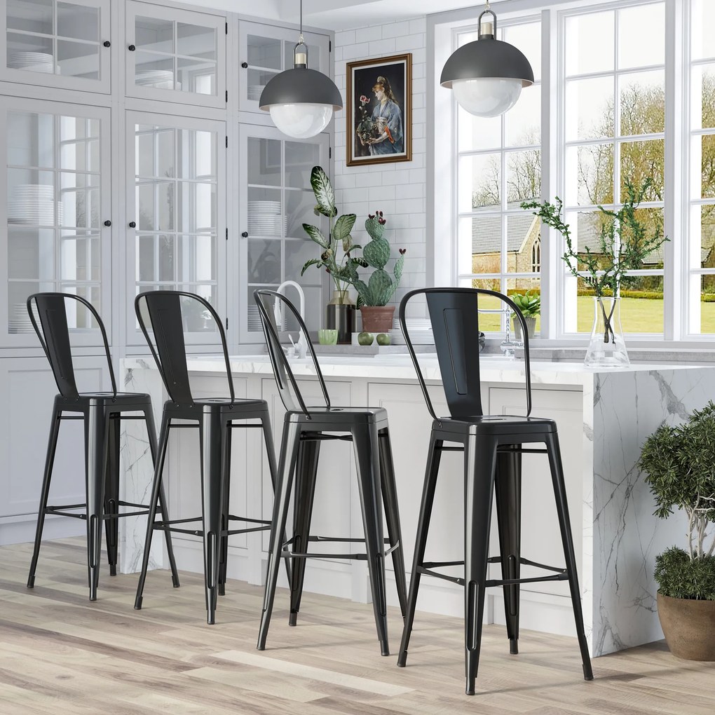 Conjunto de 4 bancos de bar empilháveis, estilo industrial, com encosto e apoio para os pés, altura do assento de 76 cm, em metal preto