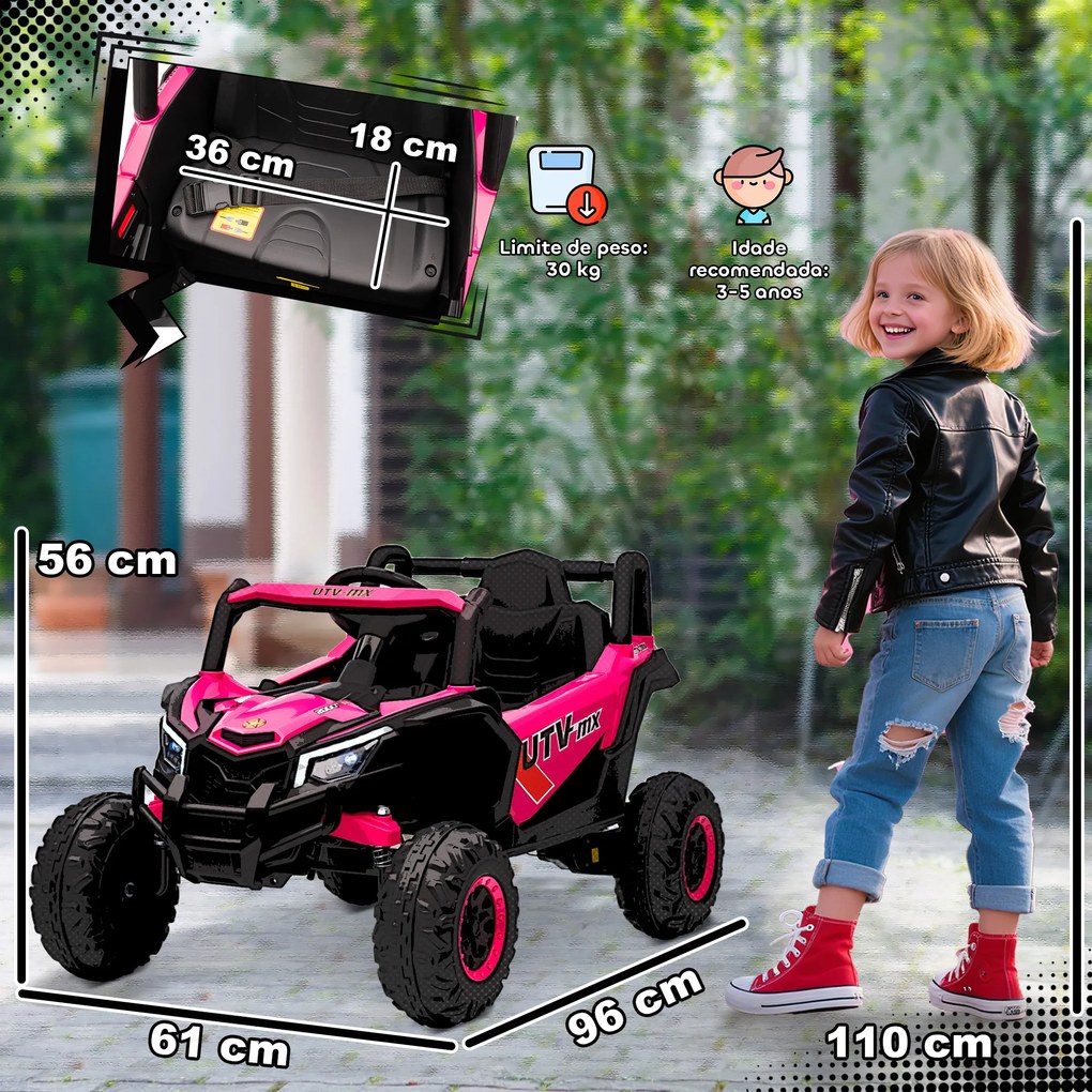 Carro Elétrico para Crianças 12V com 2 Motores Controlo Remoto 2,4G Velocidade até 7 km/h e USB 96x61x56 cm Rosa