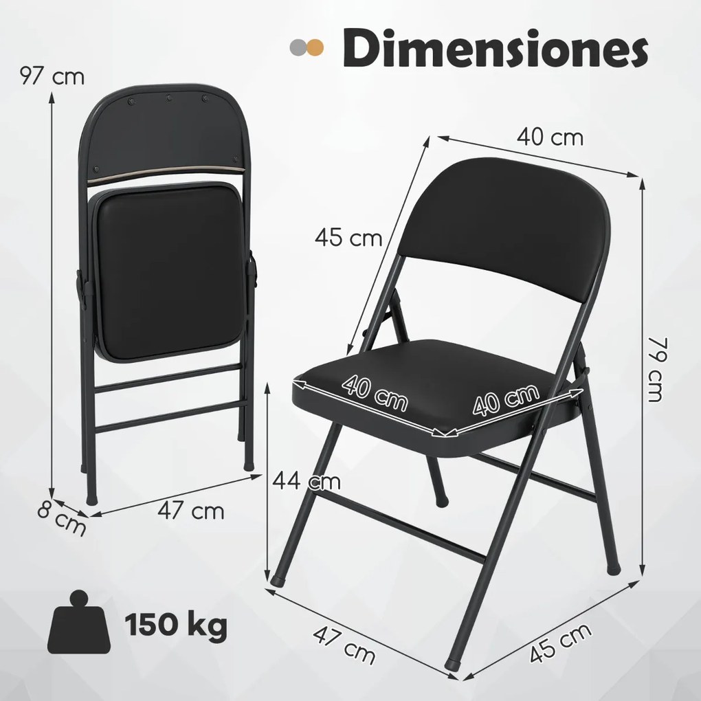 Conjunto de 4 cadeiras de cozinha dobráveis com estrutura metálica Pretas