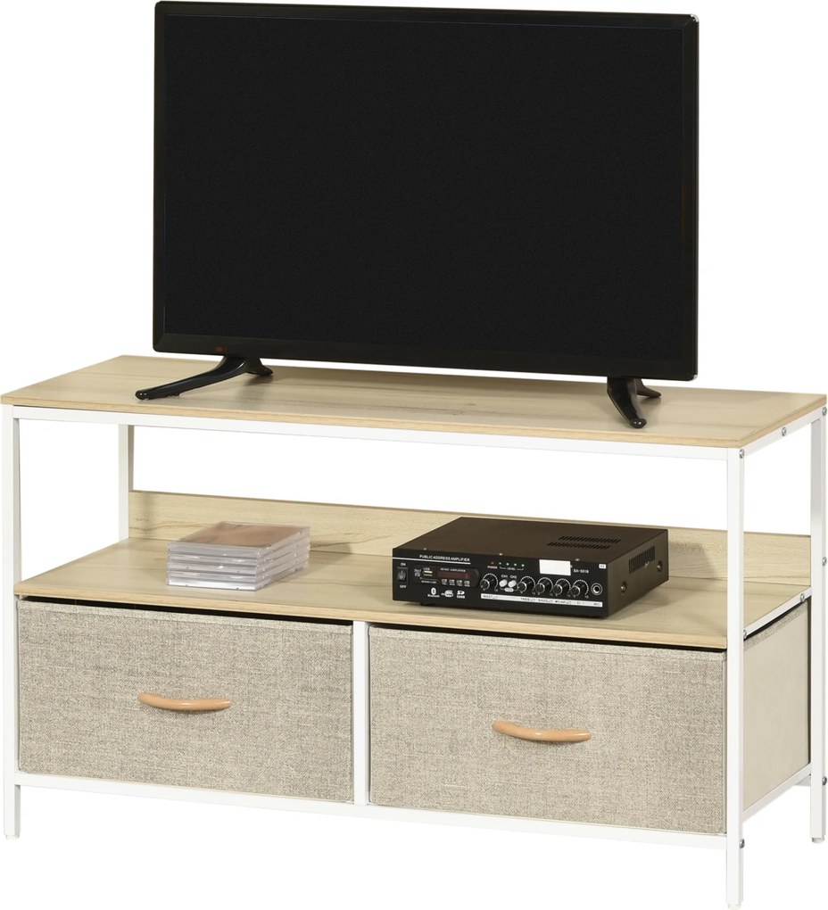 Móvel de TV baixo com pés 98 L x 29 P x 56 A cm, estilo industrial, com 2 gavetas em tecido cinzento, cor madeira natural e metal branco