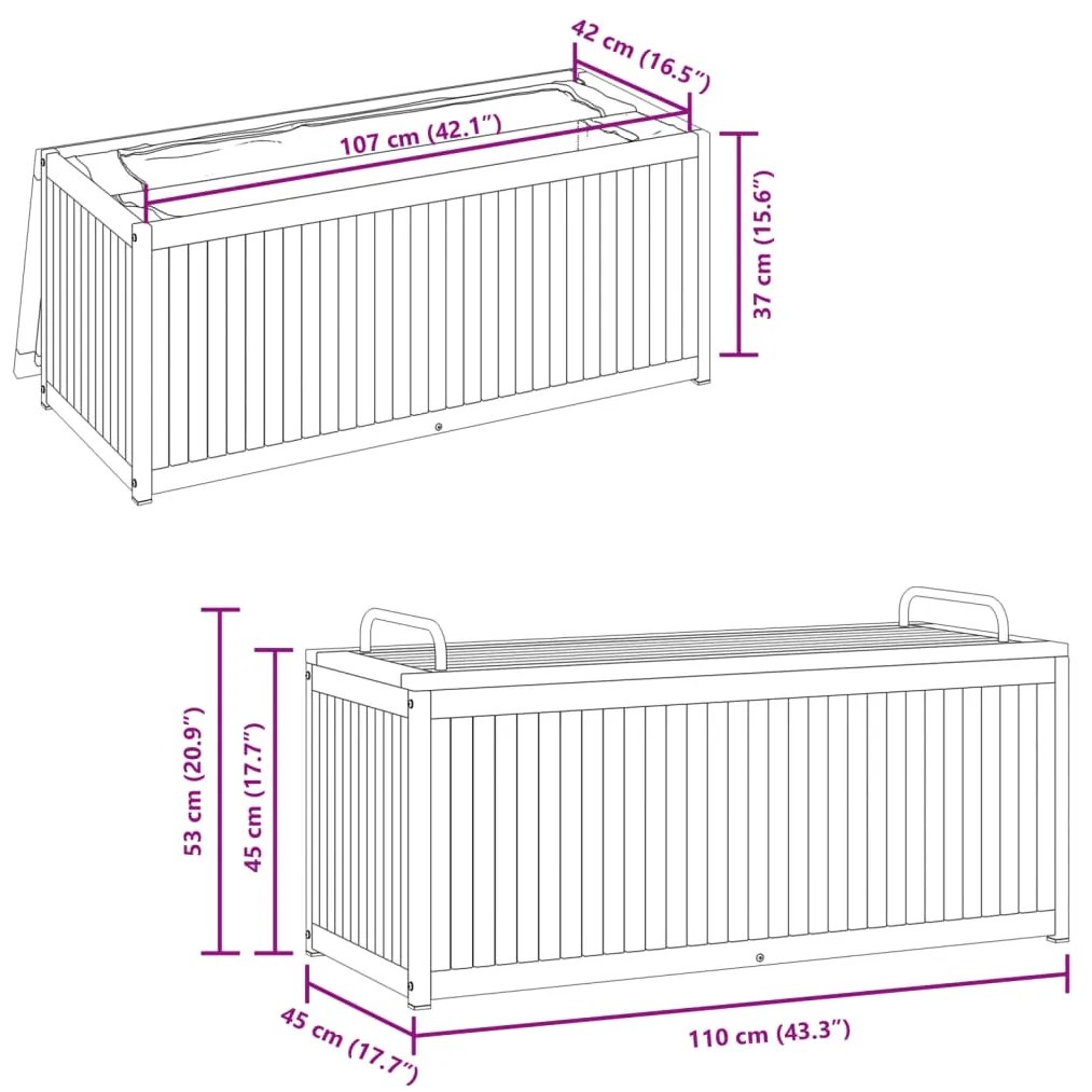 Caixa almofadões de exterior 110x45x42/53 cm acácia maciça/aço