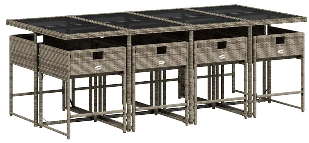 9 pcs conjunto de jantar p/ jardim c/ almofadões vime PE cinza