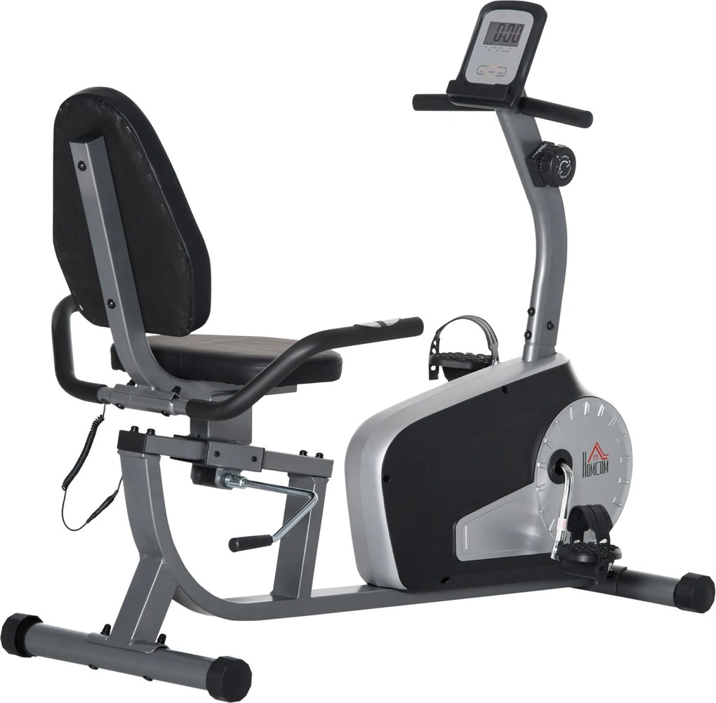 HOMCOM Bicicleta Estática com Encosto com 8 Níveis de Resistência Magnética Comprimento Ajustável Ecrã LCD 122-137x62x103 cm Cinza | Aosom Portugal