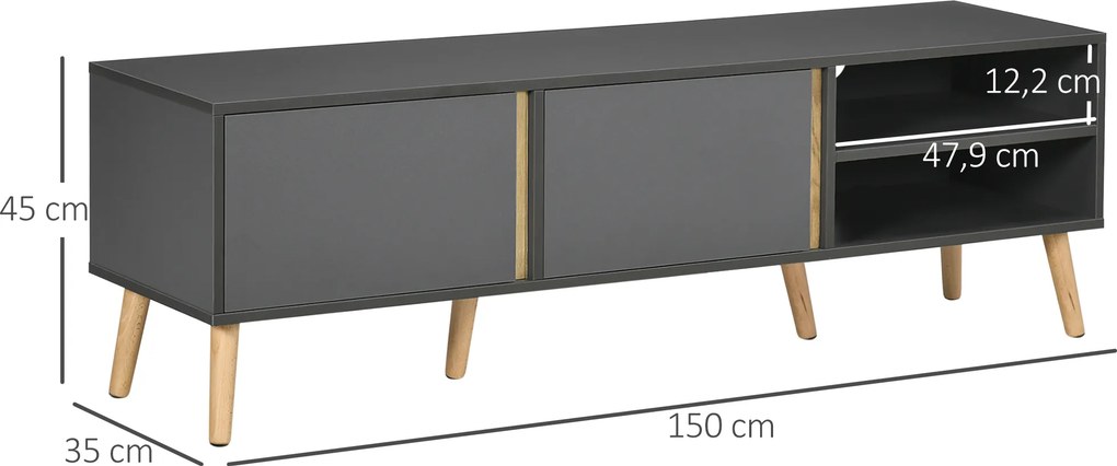 Móvel de TV para televisores até 55 polegadas, estilo escandinavo, com 2 portas e 2 nichos, com passadores de cabos, 150 x 35 x 45 cm, cinzento escuro