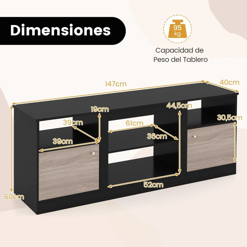 Móvel para TV com luzes LED 147 x 40 x 60 cm para televisores de 65" Centro de entretenimento com estante ajustável Preto