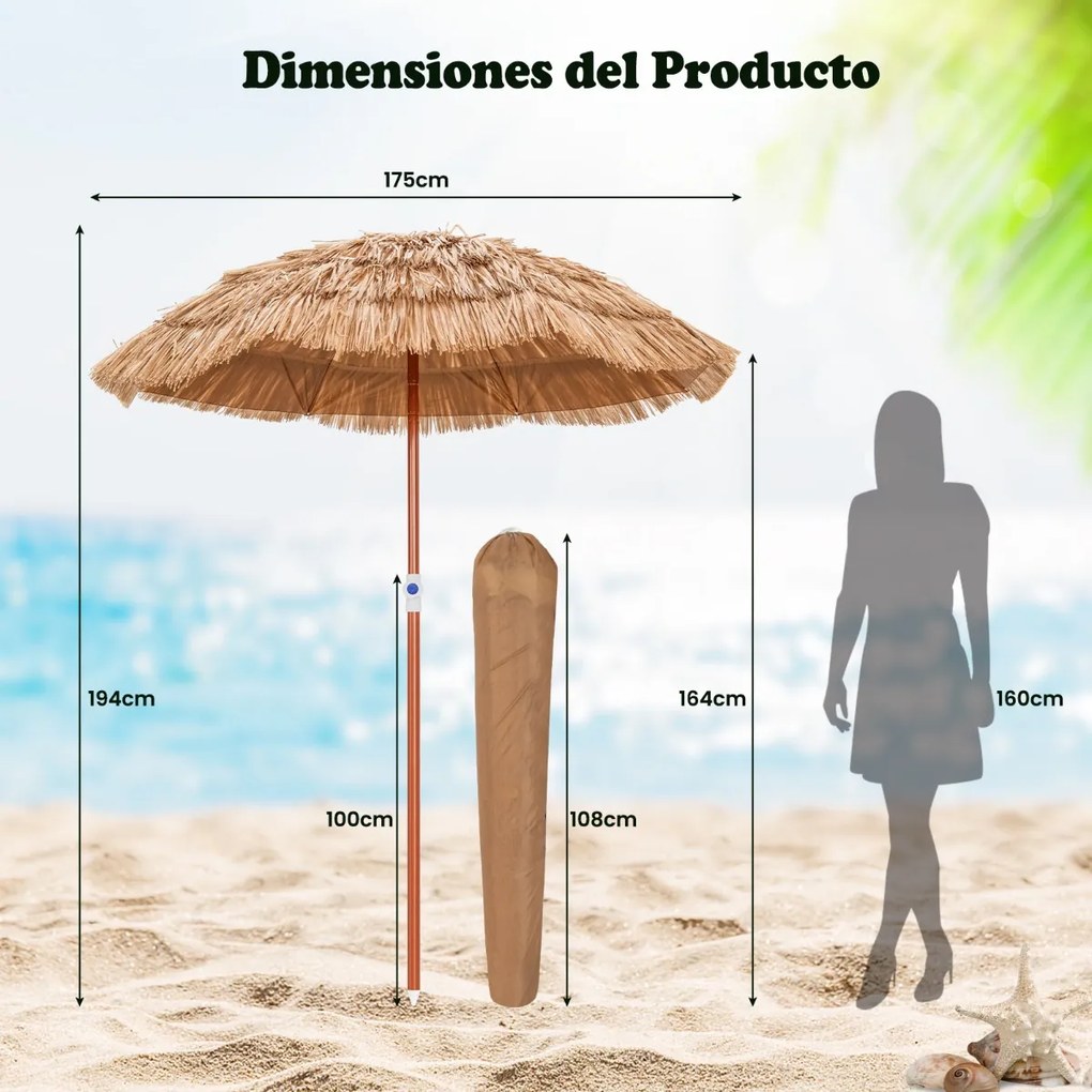 Guarda-sol Havaiano Tiki com telhado de colmo, inclinável e portátil 175 x 194 cm em Palha PP, tecido de poliéster e cor Natural