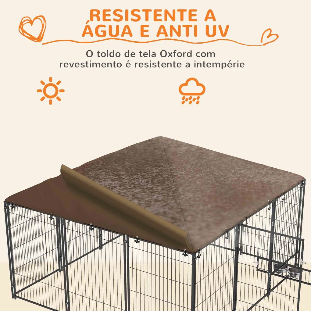 Canil para Cães com Toldo Canil para Exterior com Suporte Giratório para Comida 2 Tigelas 211x211x151 cm Preto e Castanho