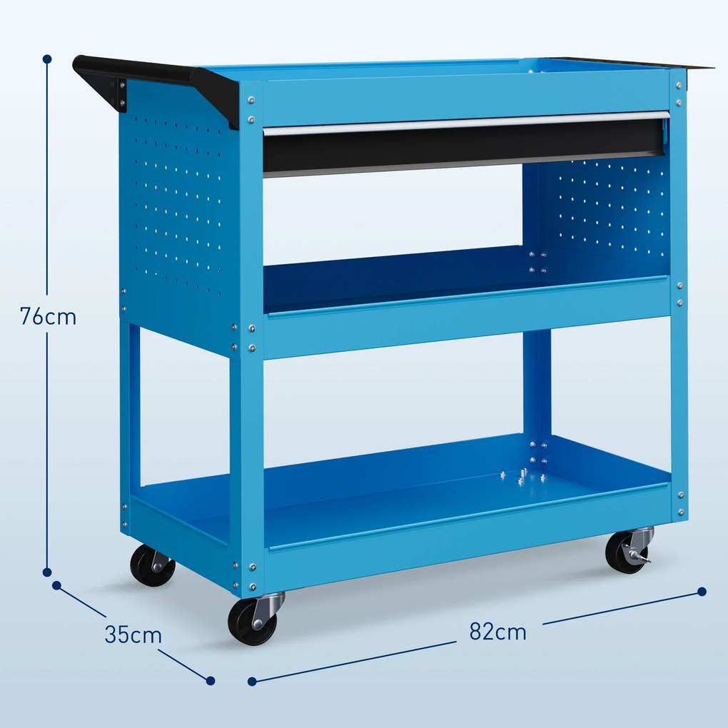 Carrinho de Ferramentas com 3 Bandejas e Gaveta Rodas com Travões Pega Lateral Painel Lateral Perfurado 82x35x76 cm Azul
