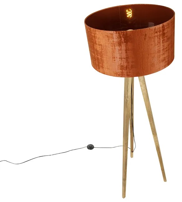 Candeeiro de pé tripé rústico vintage em madeira com cúpula vermelha 50 cm - Tripod Classic Rústico
