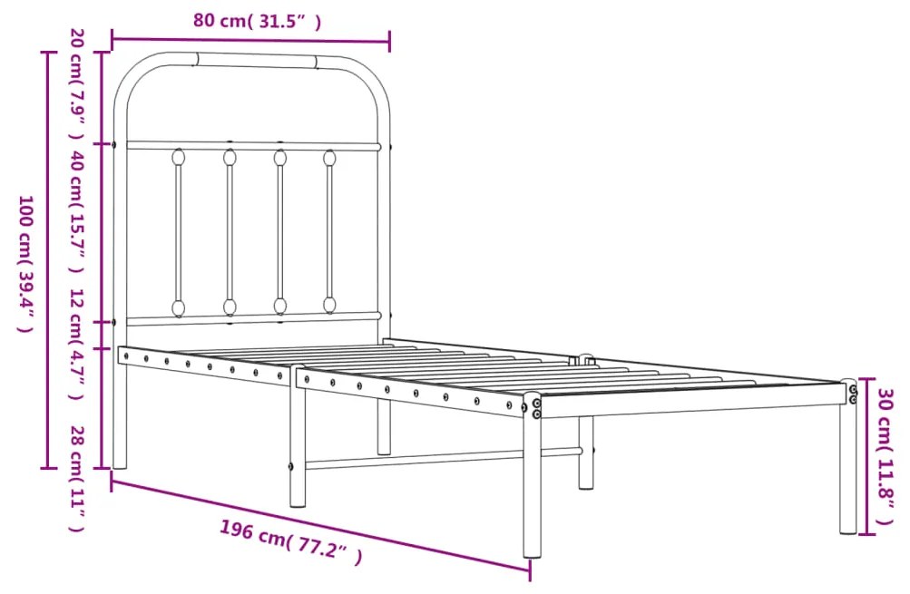 Estrutura de cama com cabeceira 75x190 cm metal preto