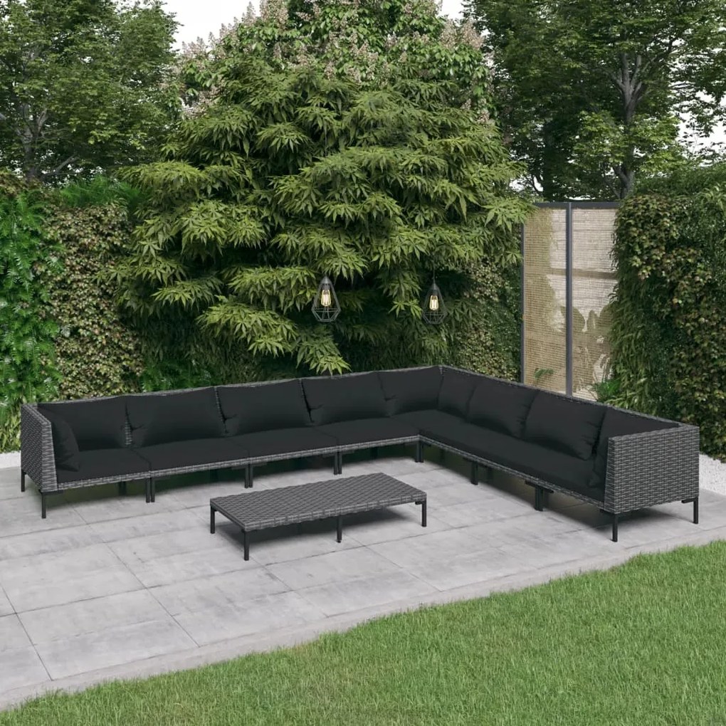 vidaXL 9 pcs conj. lounge jardim c/ almofadões vime PE cinzento-escuro
