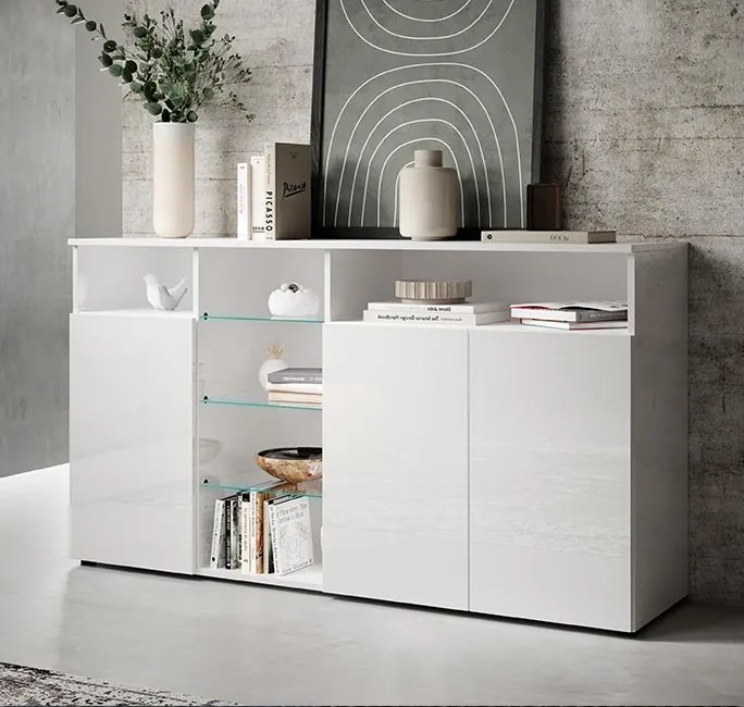 Aparador "Melinda" com Luzes LED - 150x82x40 cm - Branco Brilhante - D