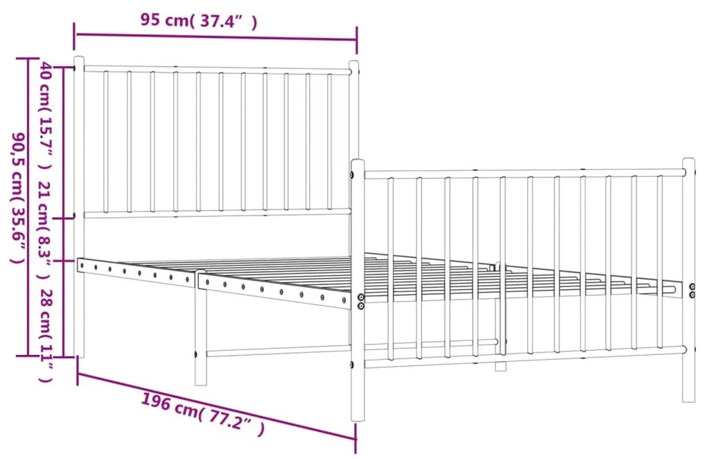 Estrutura de cama com cabeceira e pés 90x190 cm metal branco