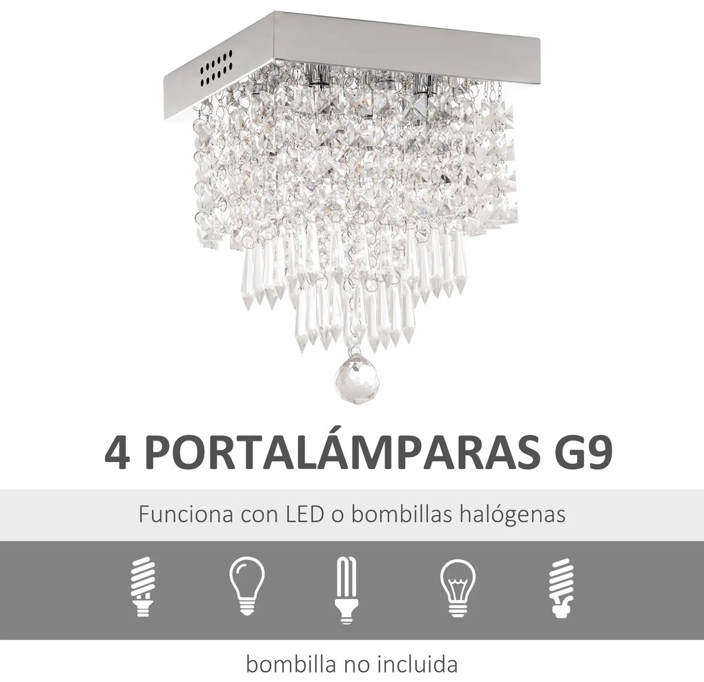 HOMCOM Candeeiro de Teto de Cristal K9 Moderna com 4 Suporte para Lâmpadas G9 e Base de Aço Inoxidável Candeeiro de Aranha para Sala de Jantar Dormitório Sala de Estar Ø25x29cm Prata