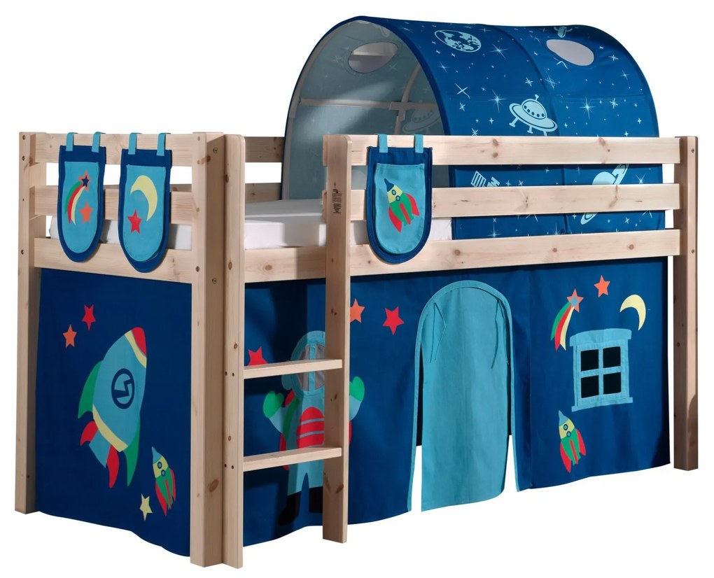 Conjunto Cama alta de Criança PINO 90 x 200 cm + estrado + escada + cortina + 3 bolsas + túnel Espaço Natural