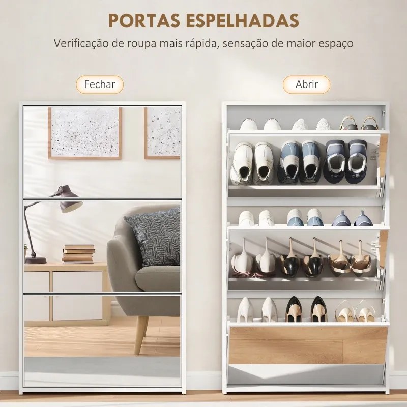 Sapateira Estreita com Espelho para 9 Pares de Sapatos para Corredor Espaços Reduzidos 65x17x114,5 cm Branco