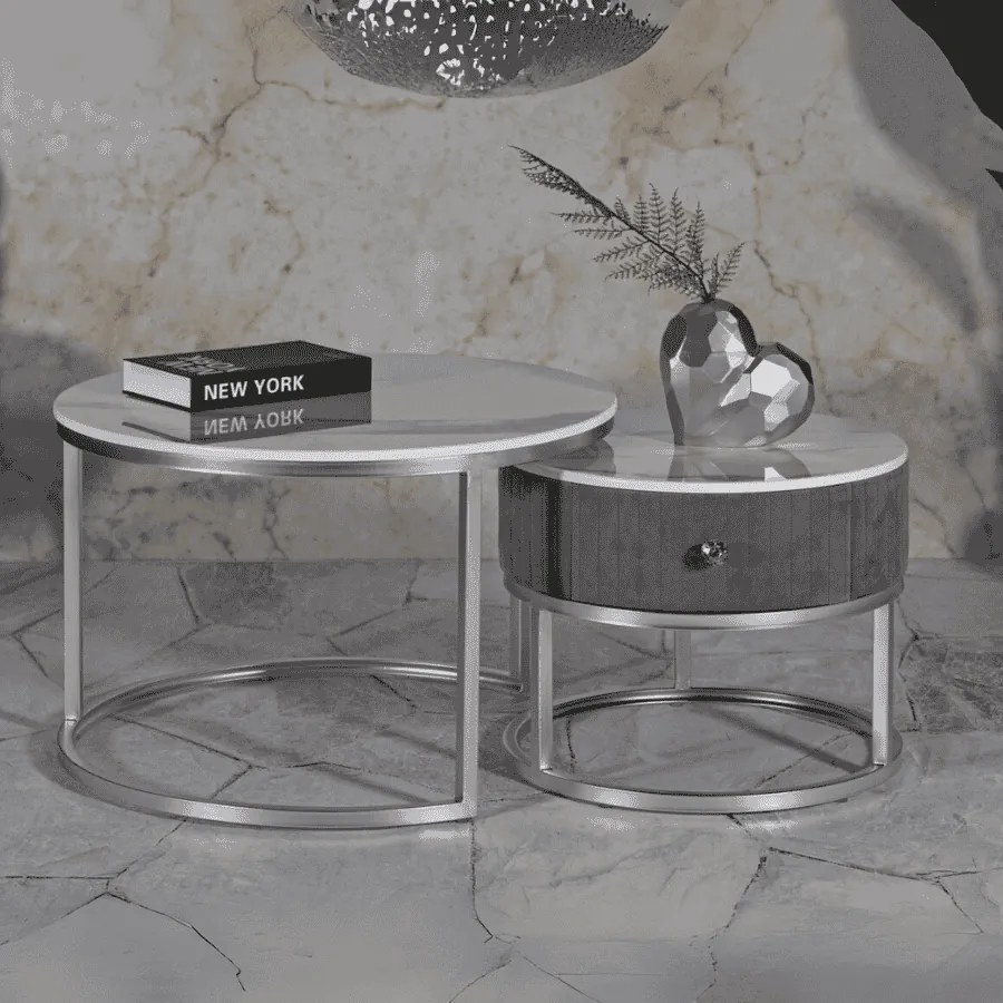 CONJUNTO DE MESAS DE CAFÉ CINZENTAS 2 PEÇAS CM Ø 70X45-50X40 CINZA E PRATA