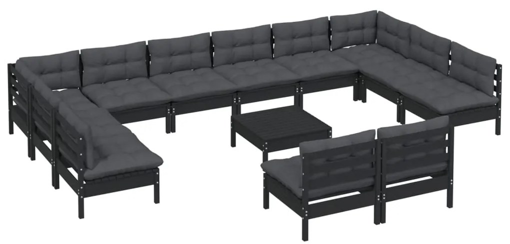 13 pcs conjunto lounge jardim c/ almofadões pinho maciço preto