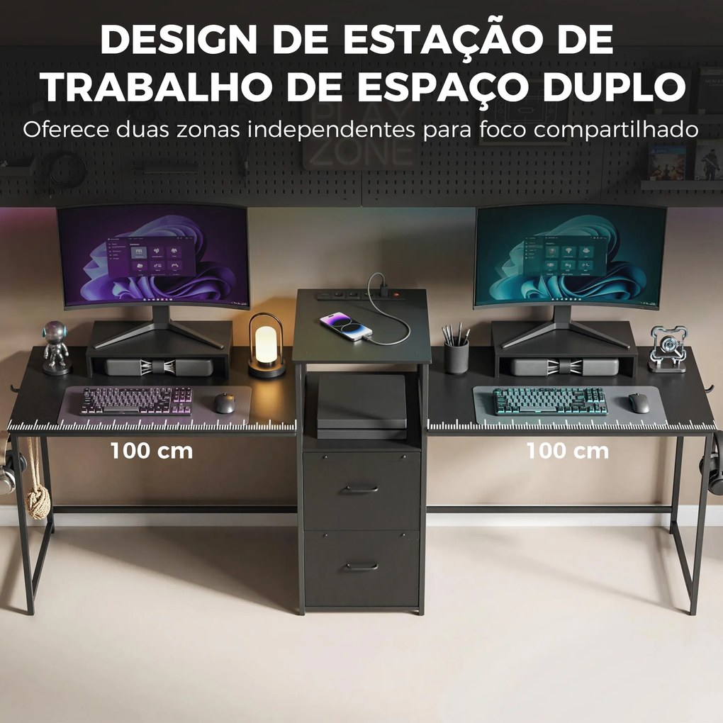 Mesa Gaming Dupla de 244 cm com Estação de Carga Portos USB Suportes para Monitor Gavetas de Tecido Preto