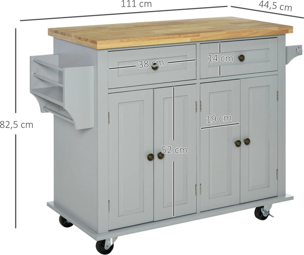 Carrinho Ilha de Cozinha com Rodas 2 Gavetas 4 Portas Suporte para Temperos e Barra Lateral 111x44,5x82,5 cm Cinzento e Madeira