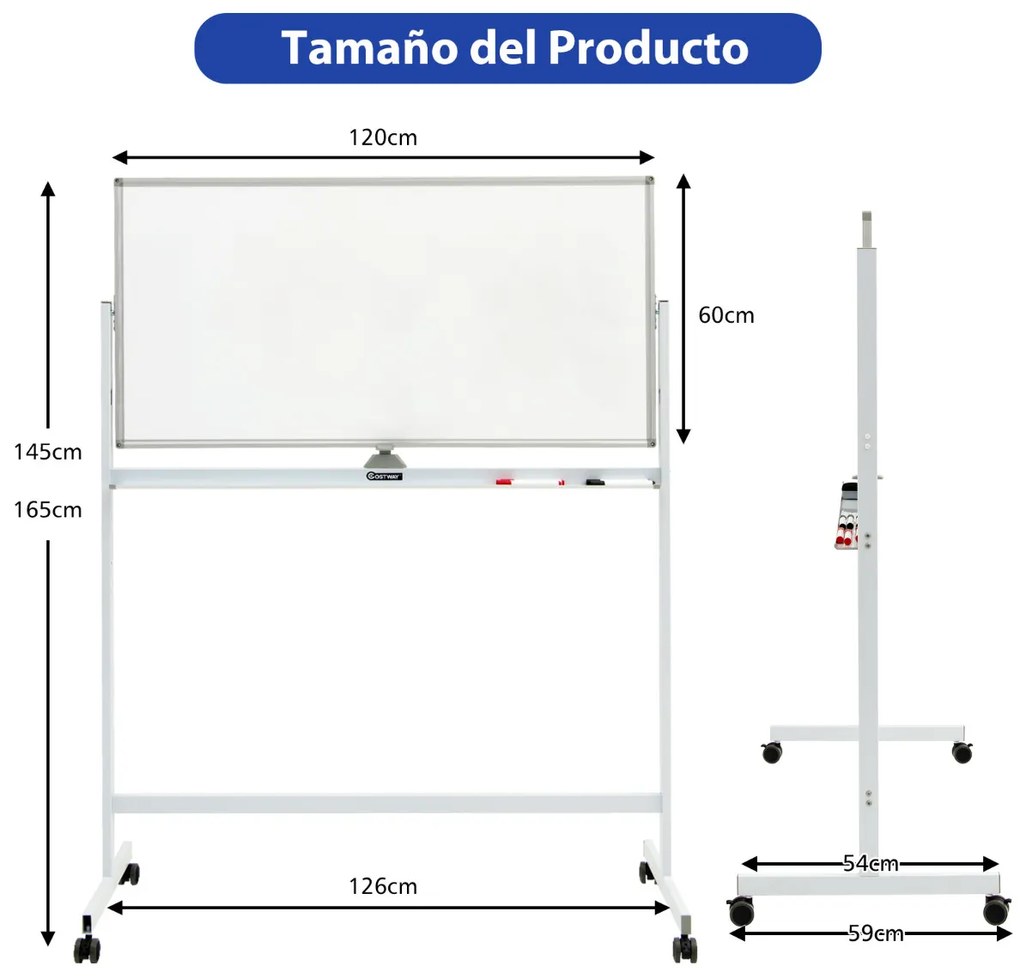 Quadro branco magnético de dupla face móvel Quadro de apagar a seco ajustável com 6 marcadores Apagador para escritório Escola 120 x 60 cm Branco