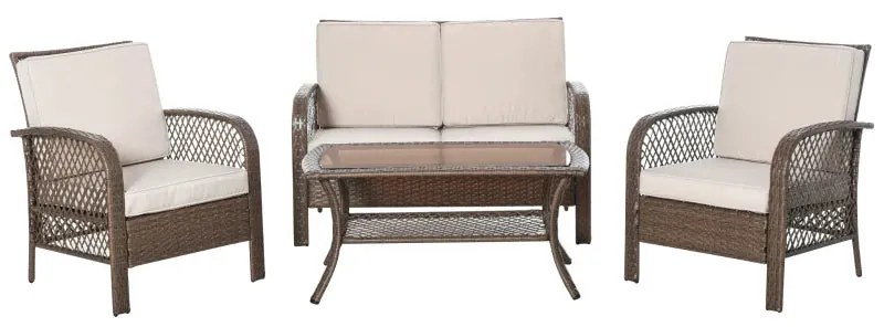 Conjunto Lounge em Vime de 2 Poltronas, 1 Sofá Duplo e 1 Mesa de Centr