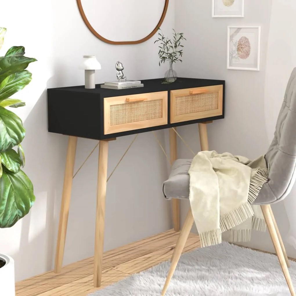 345625 vidaXL Mesa consola 80x30x75 cm pinho maciço e vime natural preto