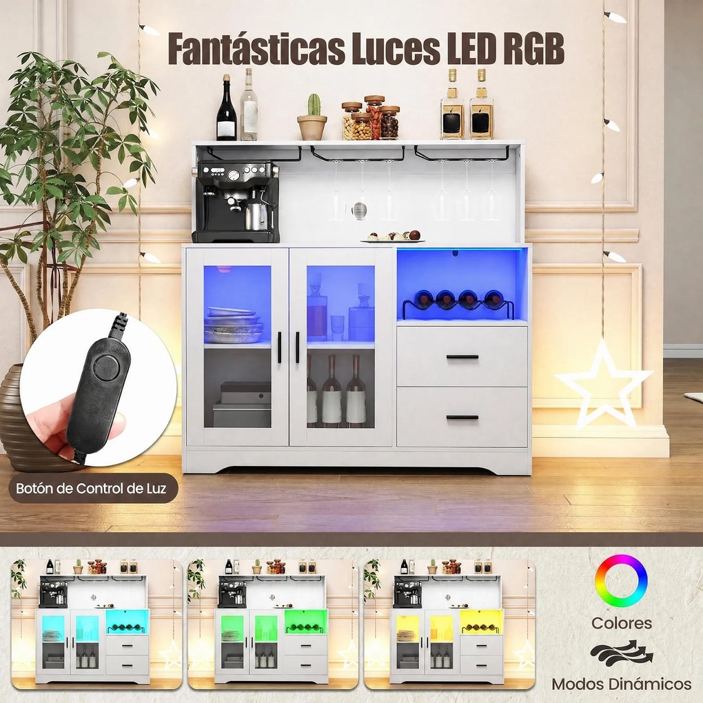 Armário Bar para Sala de Jantar, 120 x 40 x 115,5 cm, Iluminação LED de 7 Cores, Branco