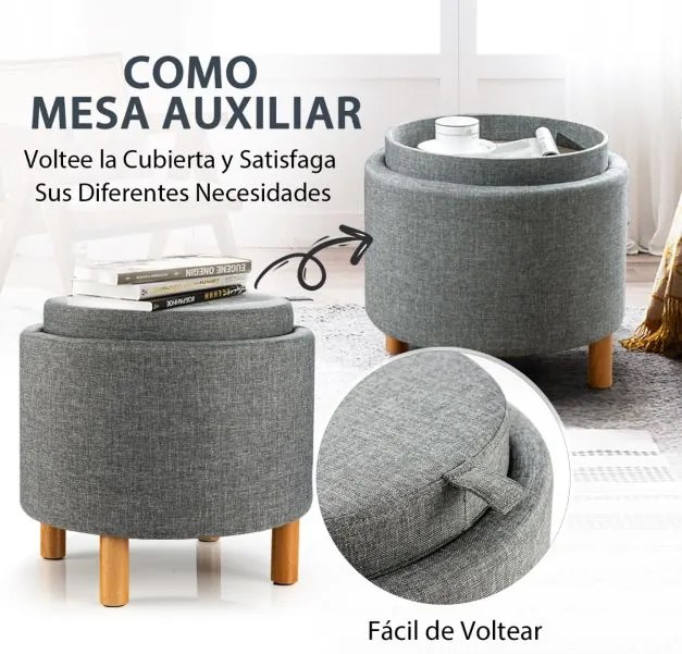 Pufe de arrumação redondo com tabuleiro de arrumação almofadado com arrumação com pernas de madeira antiderrapantes Cinzento