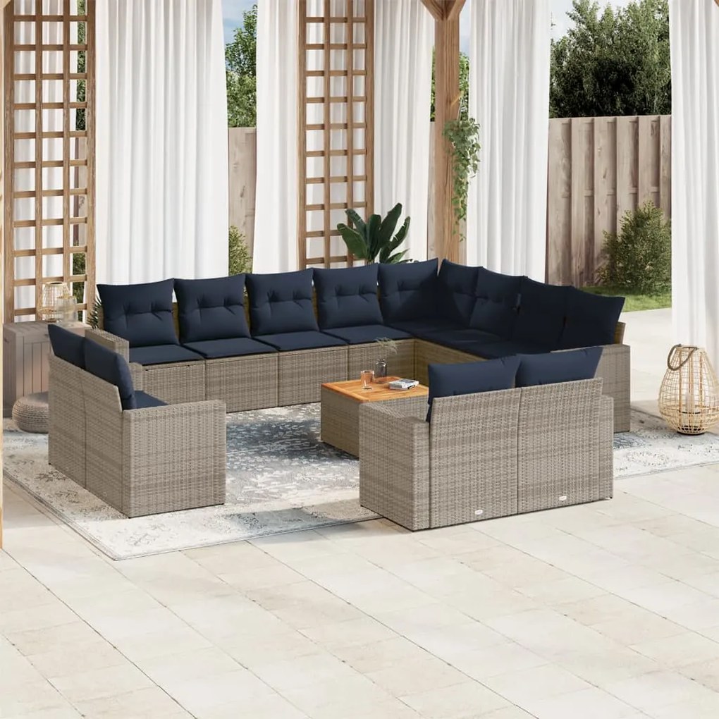 13 pcs conjunto sofás p/ jardim c/ almofadões vime PE cinzento