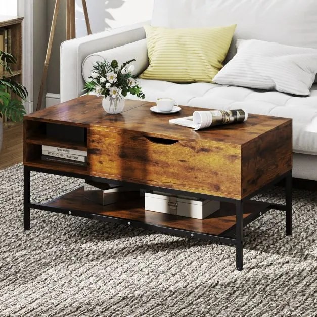 Mesa de centro elevável 99,5 x 49,5 x 47,5 cm com compartimento oculto com prateleira de armazenamento elevável Castanha