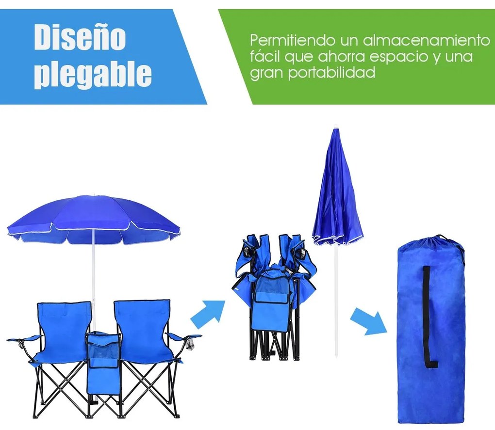 Cadeira de piquenique de aço portátil e dobrável Tecido Oxford PVC com guarda-sol Mini porta-copos de mesa Bolsa de transporte para pátio ao ar livre