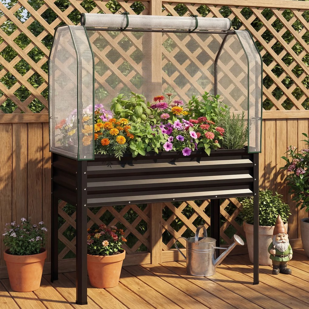 Floreira elevada com estufa 112 x 55 x 152 cm, canteiro de jardim em metal galvanizado com cobertura de proteção e porta enrolável para pátio, terraço