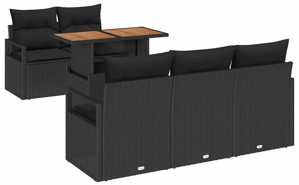 Conjunto de Sofá de Jardim de 6 Peças com Almofadas de Rattan Preto e