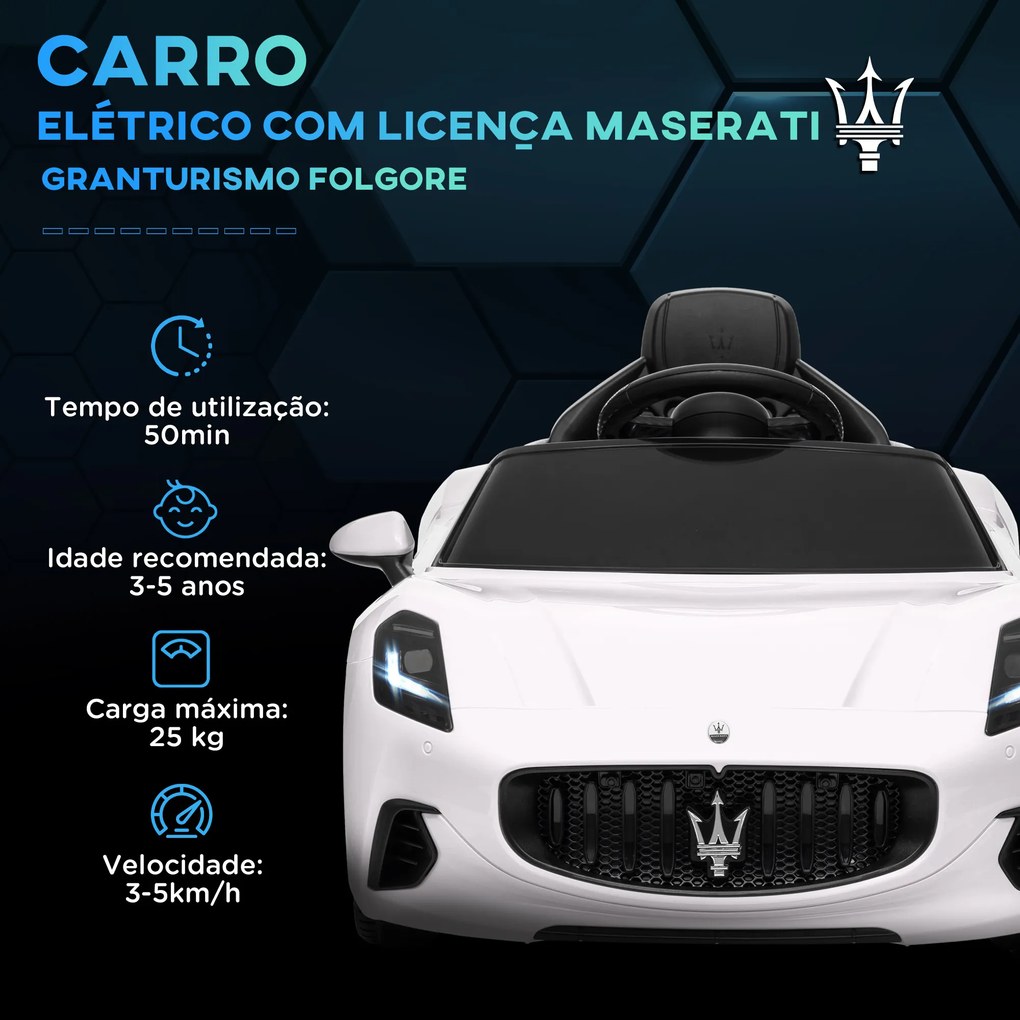 Carro Elétrico para Crianças Maserati Gran Turismo Folgore 12V Controlo Remoto Faróis Buzina e Música MP3 98x59x43 cm Branco