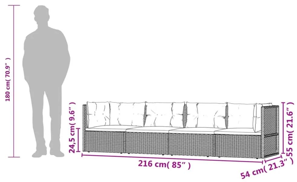 4 pcs conjunto lounge de jardim c/ almofadões vime PE preto