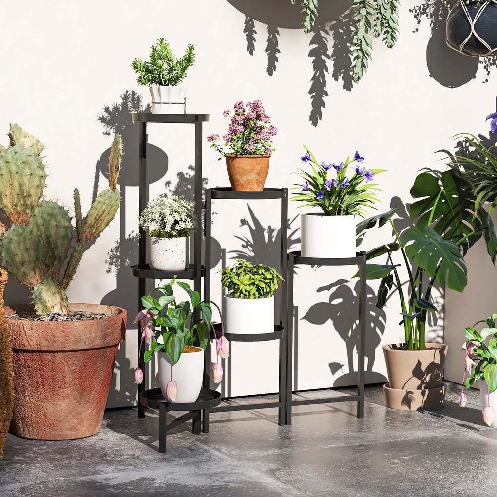 Suporte para plantas com 6 níveis  60 x 40 x 80 cm, prateleira ajustável e dobrável em metal, design sem parafusos, preto