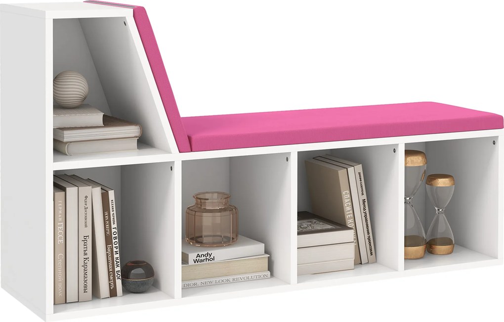 Banco-biblioteca 2 em 1 com 5 compartimentos de arrumação e 2 almofadas, 108 x 30 x 60 cm, branco e rosa
