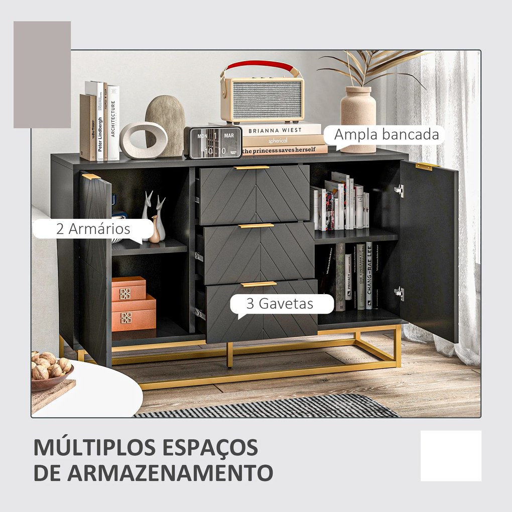 Aparador Auxiliar Armário de Armazenamento com 3 Gavetas e 2 Armários com Prateleira Ajustável 120x40x76 cm Preto