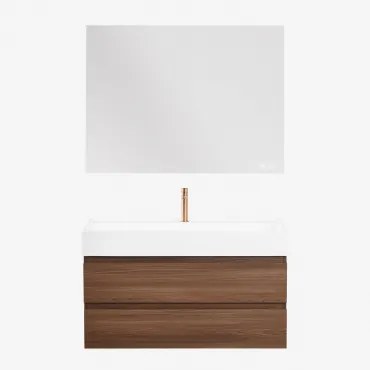 Conjunto De Móvel De Casa De Banho Em Madeira E Chapa De Freixo Com Lavatório Integrado Ona Madeira Escura & Retangular Led - Sklum