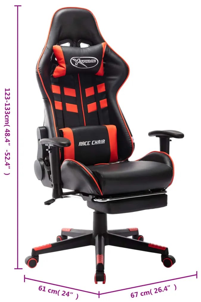 Cadeira gaming c/ apoio de pés couro artificial preto/vermelho
