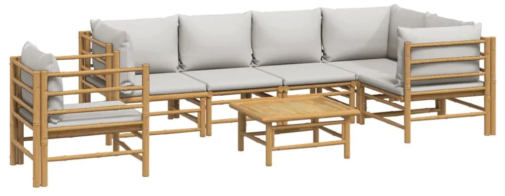 7 pcs conj. lounge de jardim bambu c/ almofadões cinzento-claro