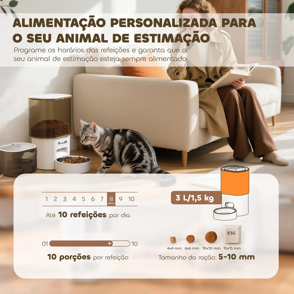 Conjunto de Comedouro Automático e Bebedouro Silencioso para Cães e Gatos com Controlo por App (1-10 Refeições por Dia) Branco